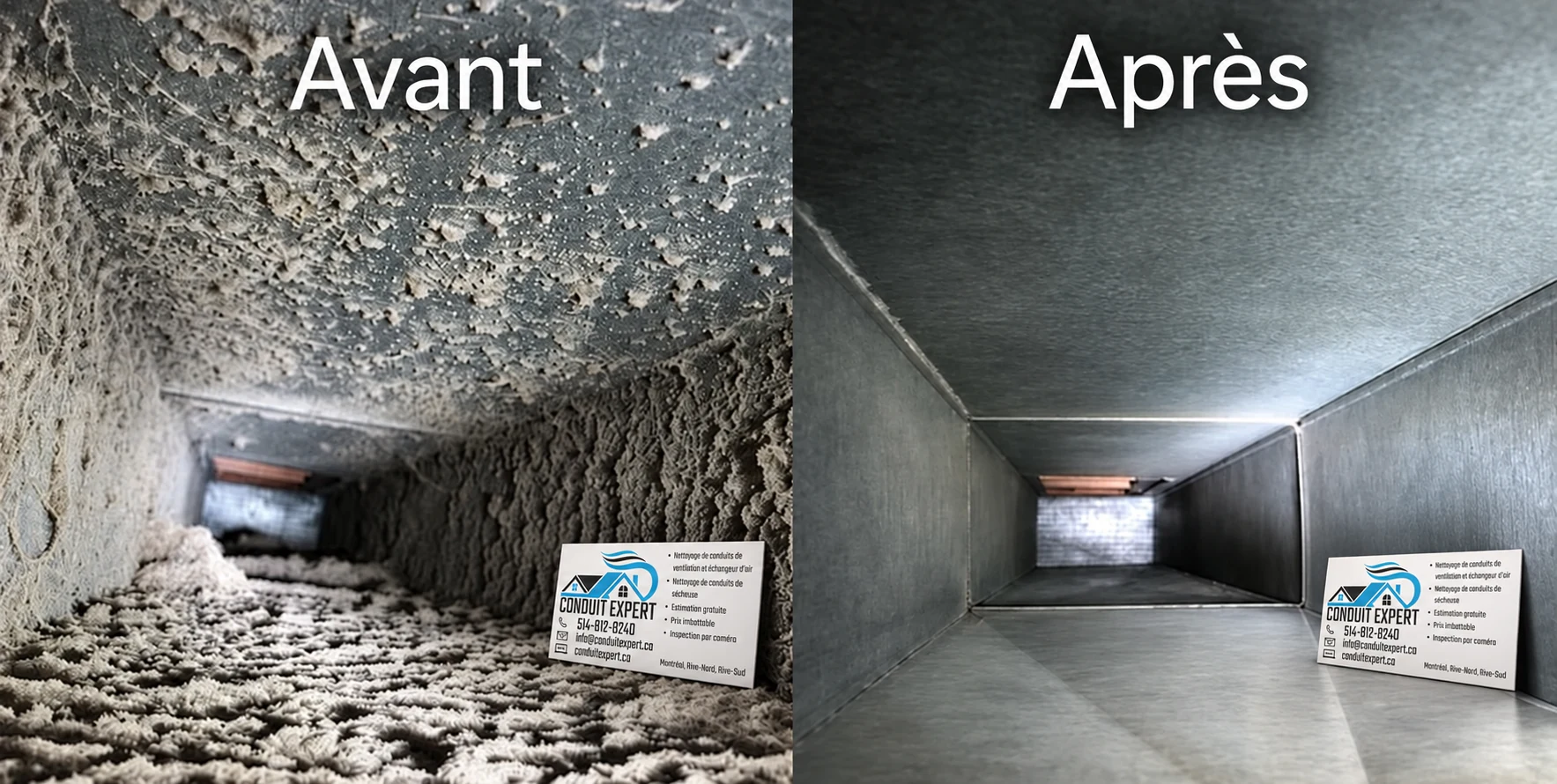 Intérieur d’un conduit de ventilation avant et après le nettoyage